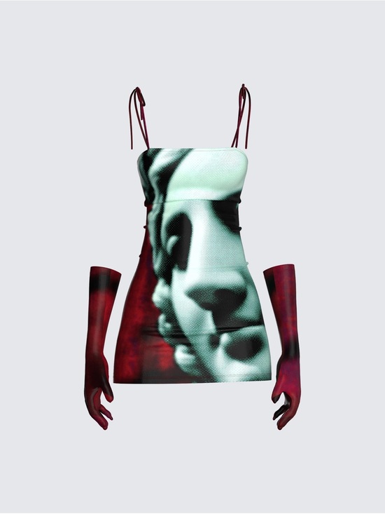 Finesse Dresses & Skirts - Finesse Teal and Deep Red Photo-Print Mini Dress with Matching Gloves
